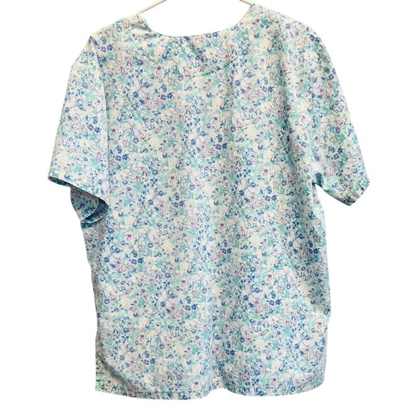 Floral Print Womens Scrub Top Short Sleeve V-Neck Two Pockets - Picture 2 of 3